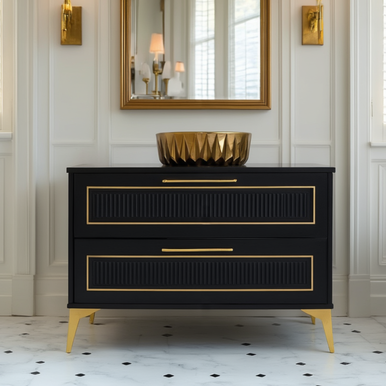 Szafka łazienkowa Diana 120cm czarny mat złote dodatki ryflowane fronty