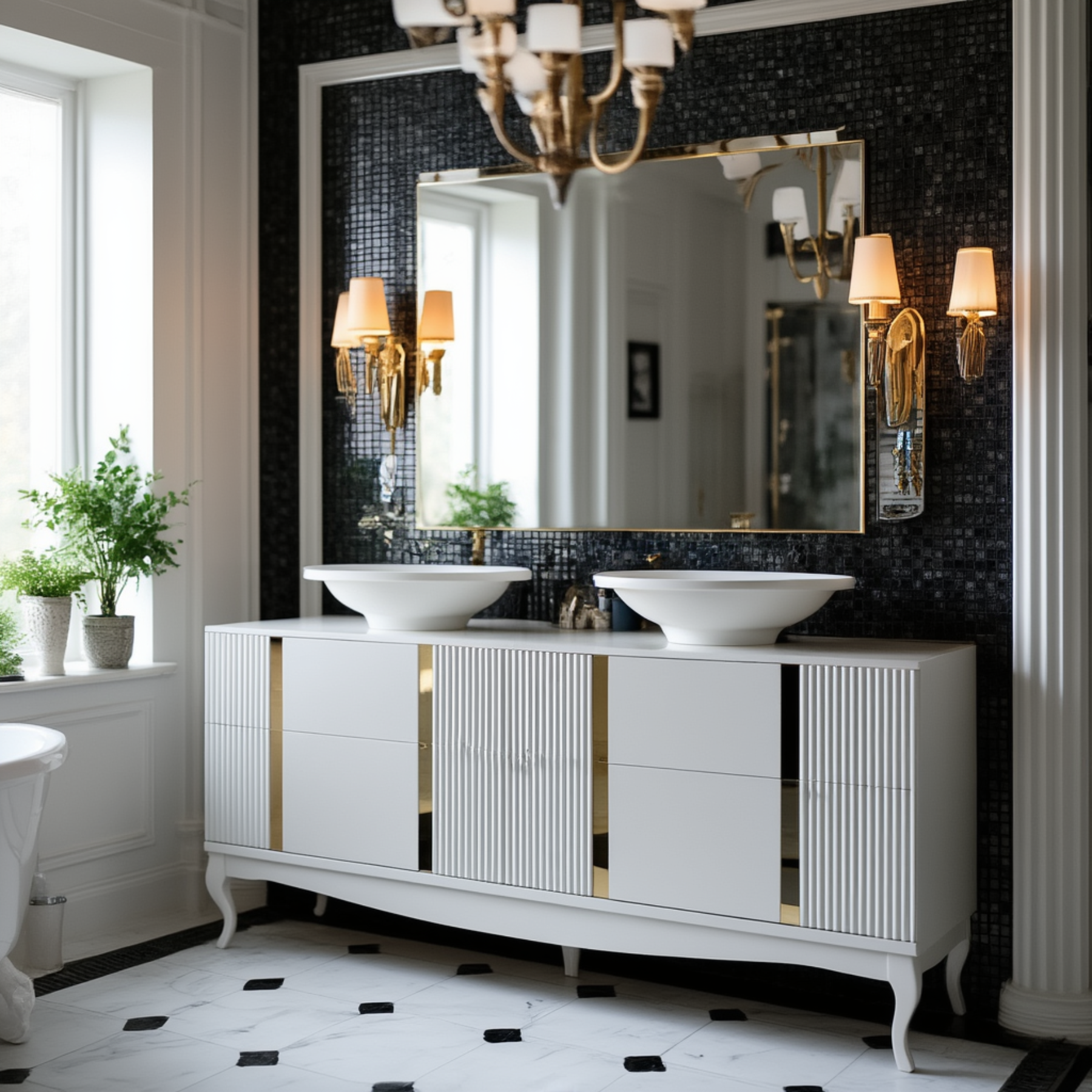 Ekskluzywna szafka łazienkowa pod 2 umywalki lakier złote zdobienia